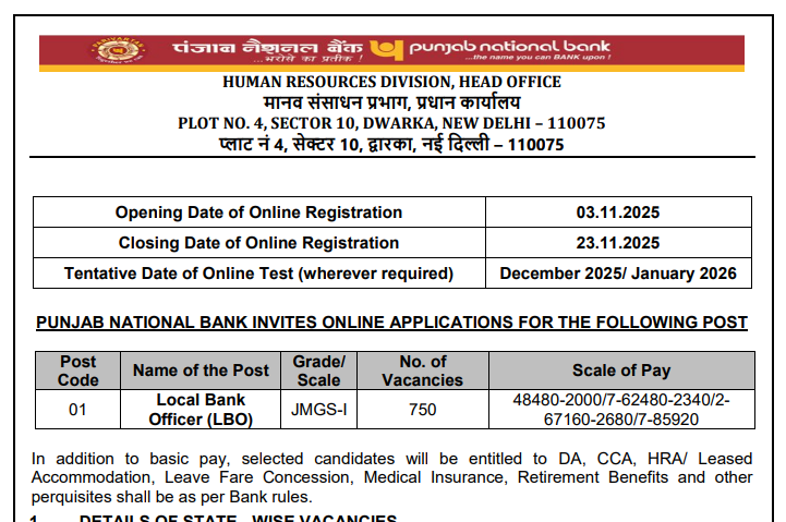 PNB LBO Recruitment 2025 Notification for 750 Local Bank Officer Posts