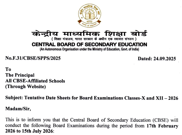 CBSE Board Exam Date Sheet 2026 for Class 10 and 12