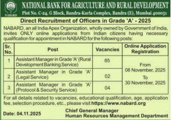 NABARD Grade A Recruitment 2025 Notification for 91 Assistant Manager Posts